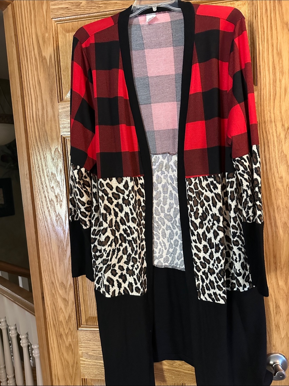 Open-Front Red Buffalo Plaid & Leopard Print Cardigan